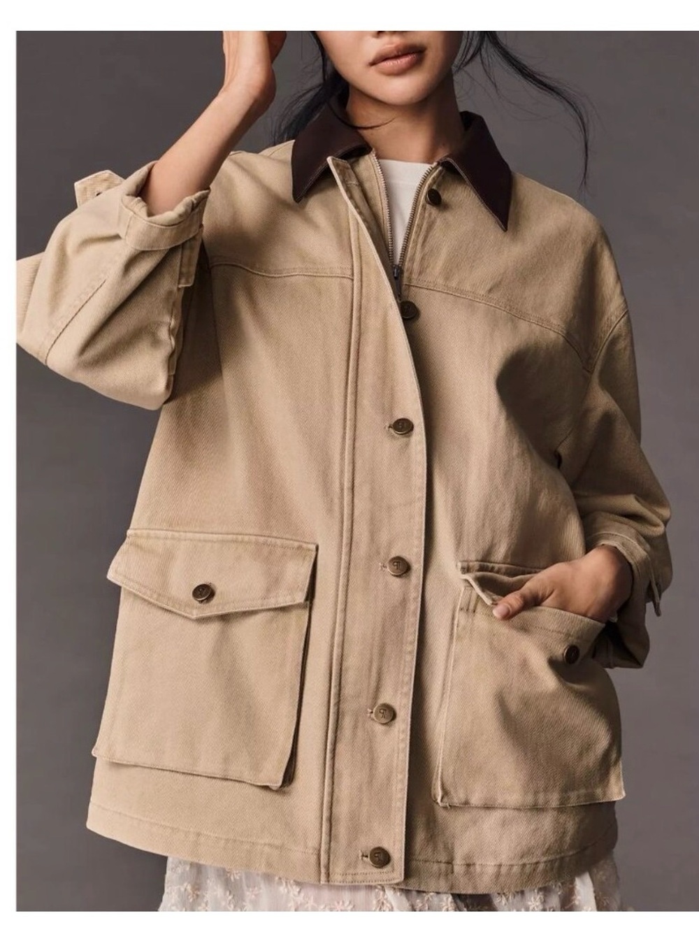 Anthropologie Beige Utility Jacket with Dark Brown Contrast Collar